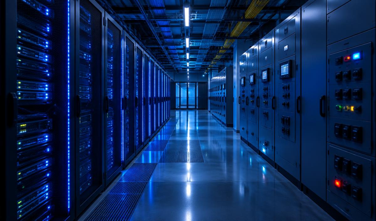 Data center corridor with server racks and electrical switchgear