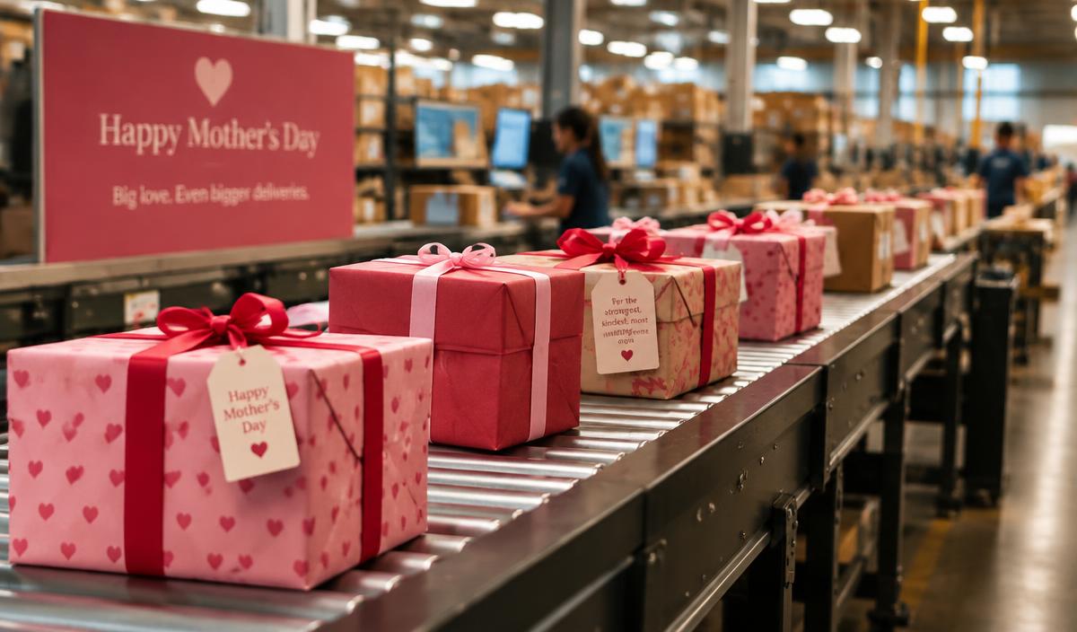 Wrapped Mother's Day gifts on a shipping conveyor belt